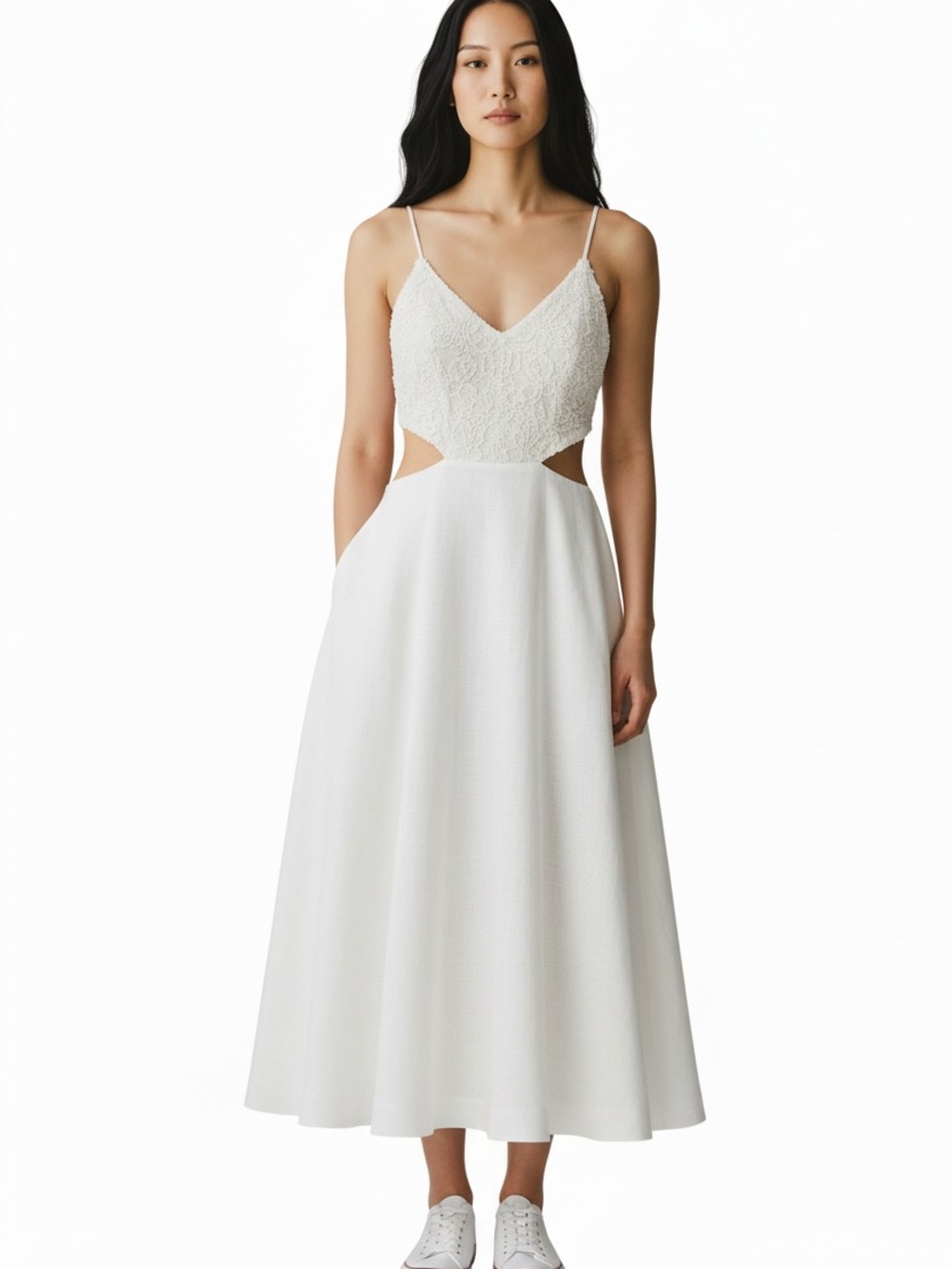 Fashion Nova White Lace Bodice Spaghetti Strap Midi Dress
